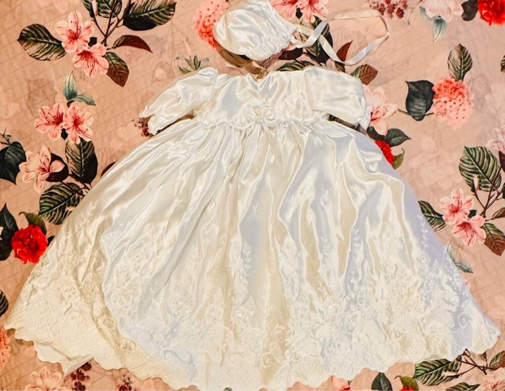 Vintage 1980s Heirloom Christening Gown w/ Bonnet – Ivory Satin Baptism Dress